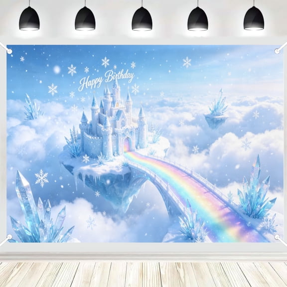 Floating Cloud Rainbow Bridge Ice Castle Happy Birthday Backdrop, Dreamy Winter Themed Birthday Photo Background Decor Banner 3x5ft