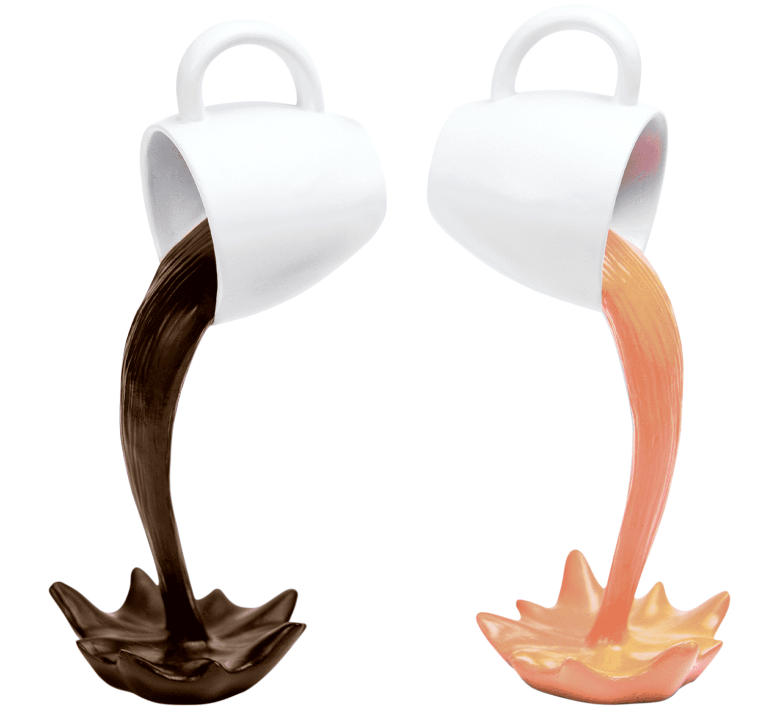 Floating Coffee Cup Coffee Bar Decor Set of 2 Hand-Painted, 8.7 in. Tall Mugs Spilling 2 Colors of Coffee
