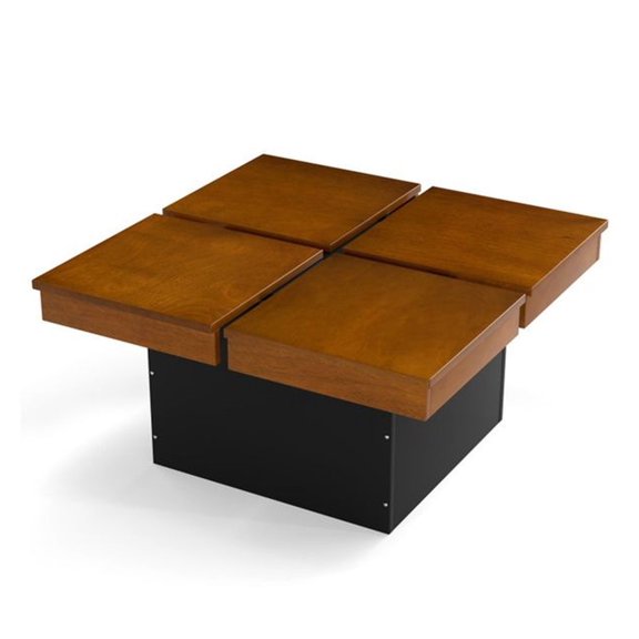 Floating Coffee Table Okume Wood Veneer 31.5 Inch Square Walnut & Black 4-Section Storage Living Room Cocktail Table