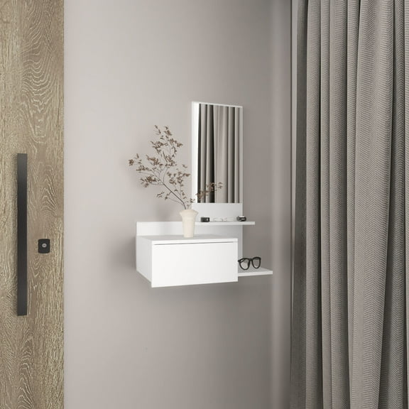 Floating Console Table | 3-Tier Shelf for Books, Full Extension Drawer | Particle Board Material | Keeps Space Neat and Orderly