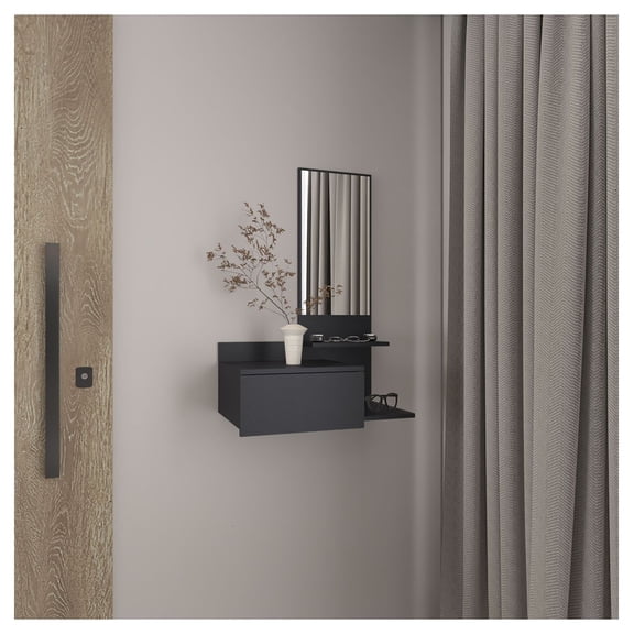 Floating Console Table with Mirror & Drawers, 23.6" Entryway Shelf, Black 3-Tier Modern Console Table for Hallway, Living Room, Bedroom - Full Extension Drawer