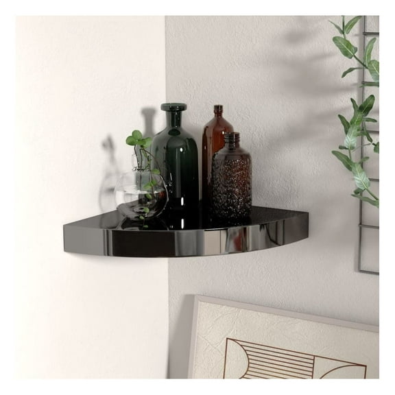 Floating Corner Shelf - High Gloss Black 9.8"x9.8"x1.5" - Modern Wall Mount Display Shelf for Books, Decor, Photos - Durable MDF & Metal