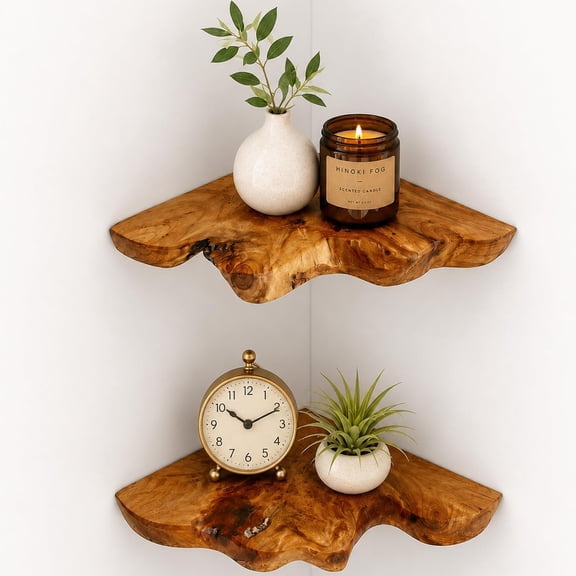 Floating Corner Shelf Set of 2, Handcrafted Live Corner Wall Shelves, Cedar Root Decor for Small , Candles, Bedroom, Bathroom, Entryway, Kitchen, 7 x 7 Inch