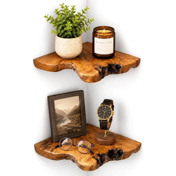 Floating Corner Shelf Set of 2, Handcrafted Live Edge Corner Wall Shelves, Cedar Root Wood Decor for Small Plants, Candles, Bedroom, Bathroom, Entryway, Kitchen, 10 x 10 Inch