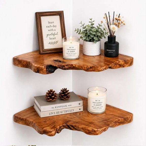 Floating Corner Shelf Set of 2,Cedar Wood Live Edge Corner Wall Shelves