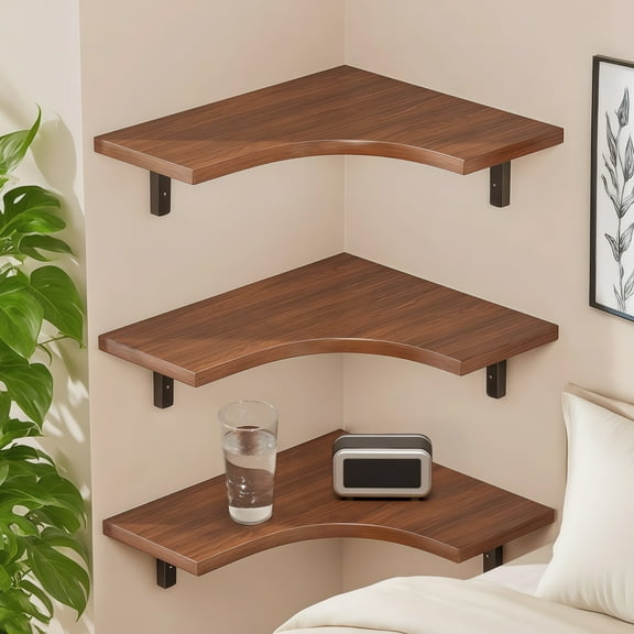 Floating Corner Shelf Wall Mounted, 3-Tier Storage Shelf for Living Room, Bedroom, Kitchen, Black Metal Brackets, Rustic Wood, Easy Install for Space Saving
