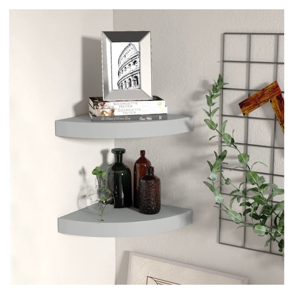 Floating Corner Shelves 2 Pcs Gray 9.8x9.8x1.5 MDF - Wall Mounted Display Shelves for Books, Decor, Collectibles - Modern Home Decor Accent Grey