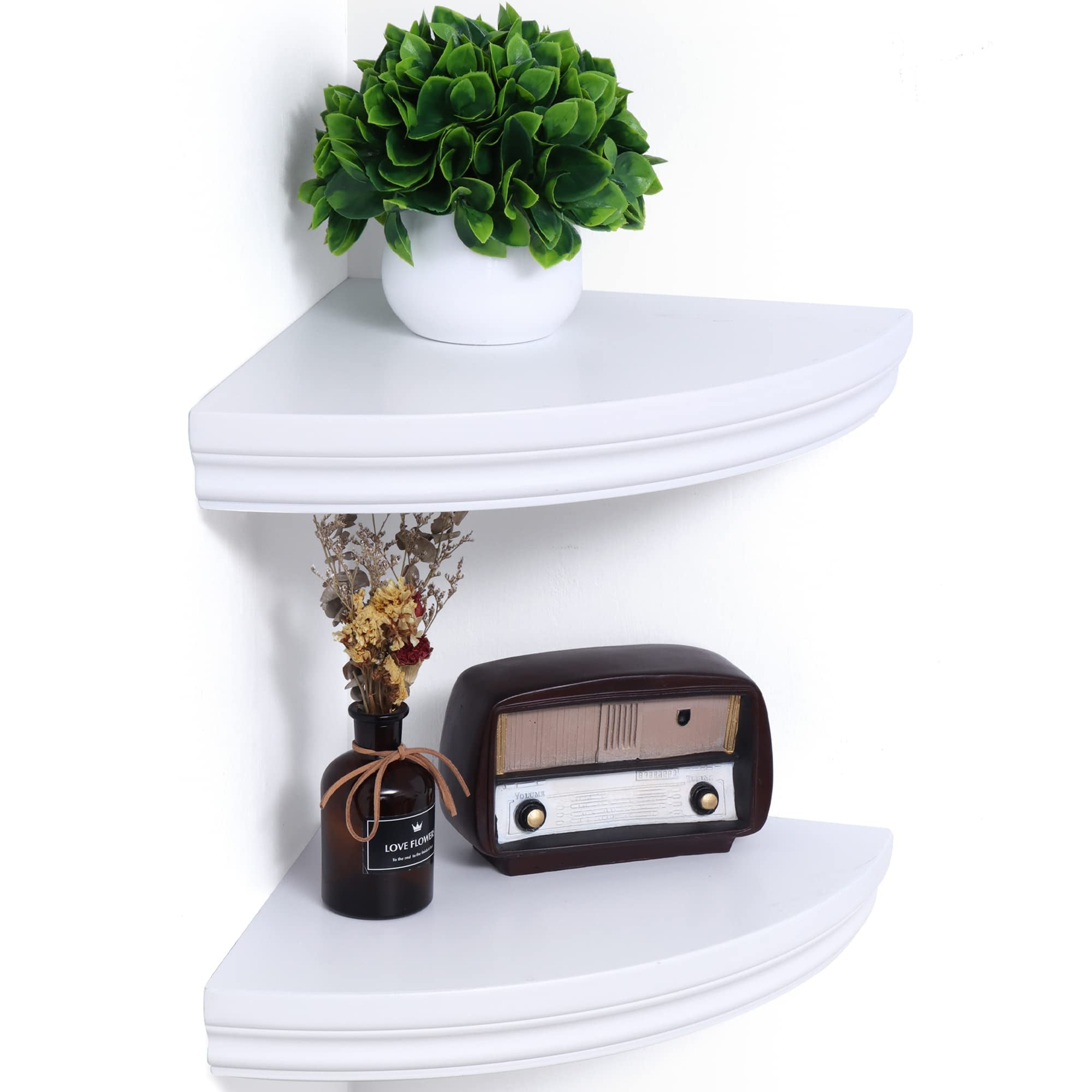 Floating Corner Shelves, 2 Tier FanShaped Corner Wall Shelves, Corner