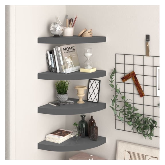 Floating Corner Shelves 4 Pcs, 13.8"x13.8"x1.5" Gray MDF Wall Shelves, Modern Display Shelves for Books, Decor, Collectibles, Living Room, Bedroom Grey
