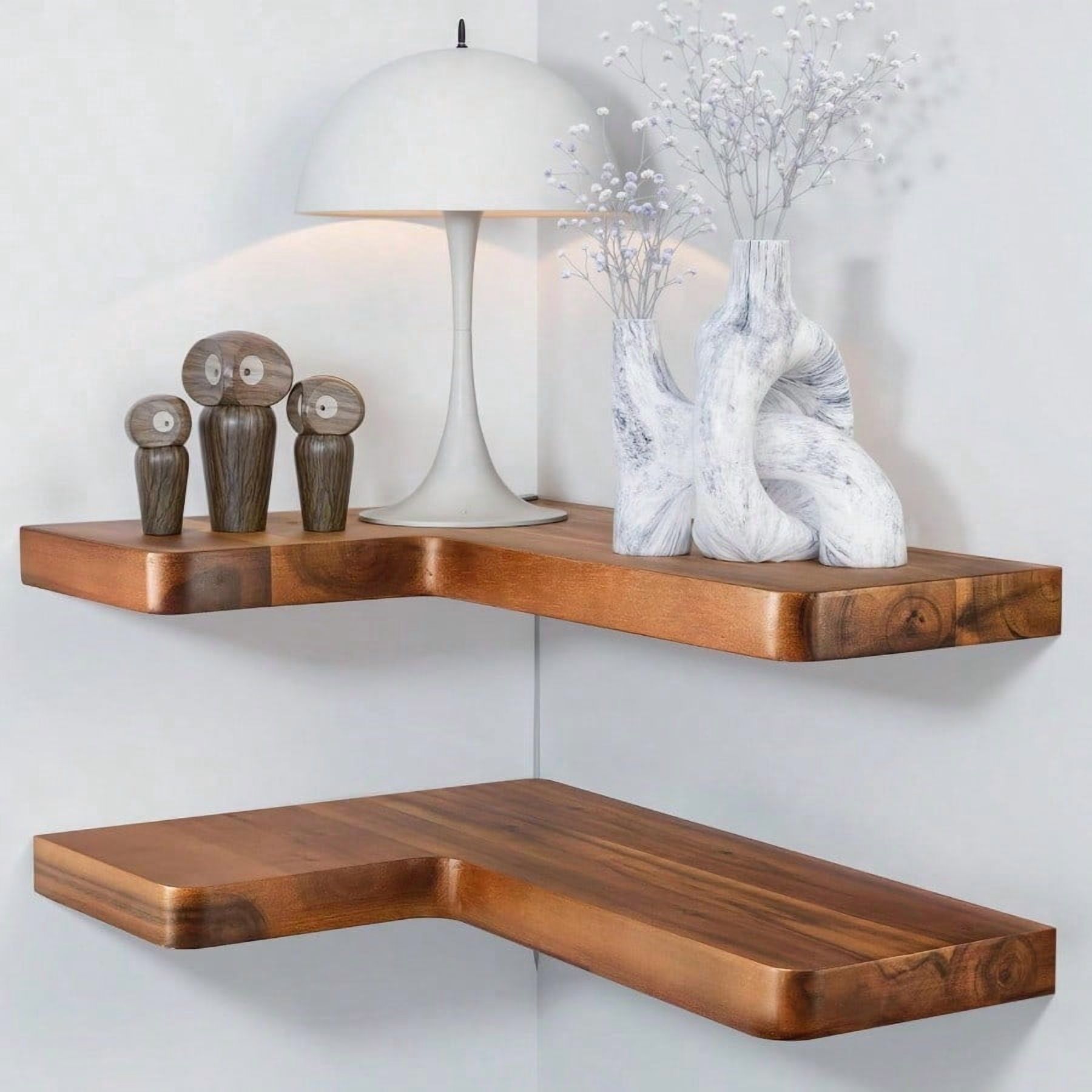 Acacia Wood Corner Floating Shelves 17 X 12 Corner Shelf Wall Mounted Floating Book Shelves For Wall Brackets And Shelving Hardware Included For Kitchen Living Room Bathroom Set 2