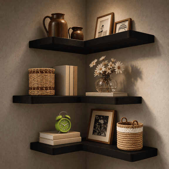 Floating Corner Shelves Set Of 3 Black Solid Wood Storage For Bedroom Kitchen Bathroom Living Room