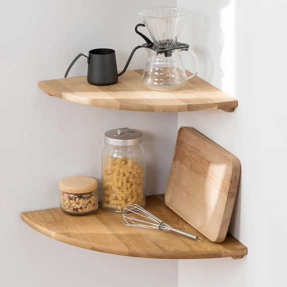 Floating Corner Shelves Set of 2 16 Inch Solid Oak Wood Wall Mount Display Shelves with Wire Hole