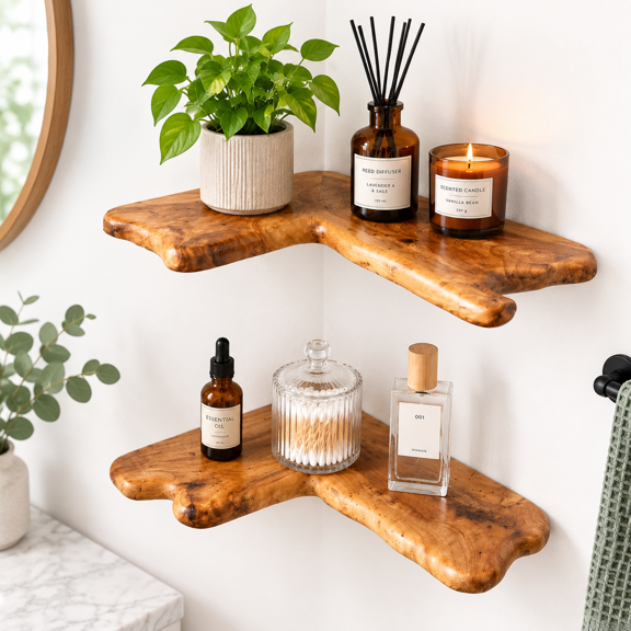 Floating Corner Shelves Set of 2, Live Edge Cedar Root Wood Wall Mounted Shelves for Small Decor