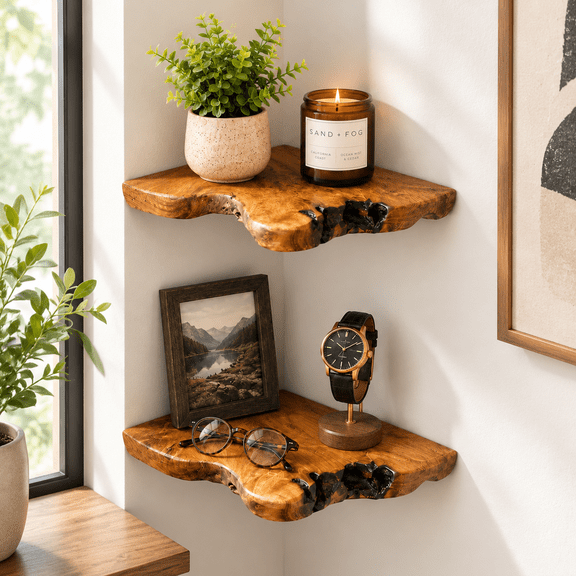 Floating Corner Shelves Set of 2, Live Edge Cedar Root Wood Wall Shelves for Bedroom, Bathroom, Kitchen, Entryway