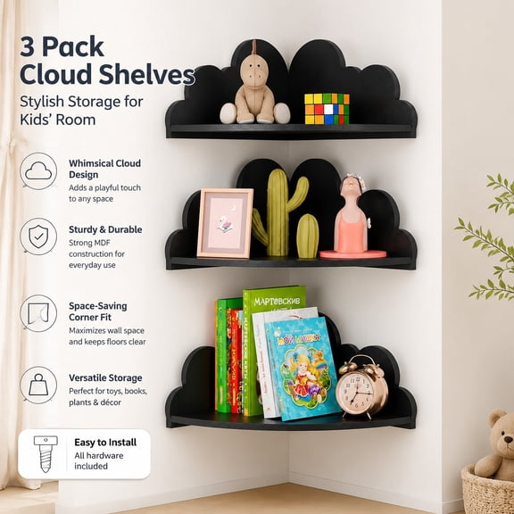 Floating Corner Shelves Set of 3 - Black Cloud Wall Shelves for Kids Room, Nursery Decor, Cute Floating Display Shelves for Toys, Plants & Storage