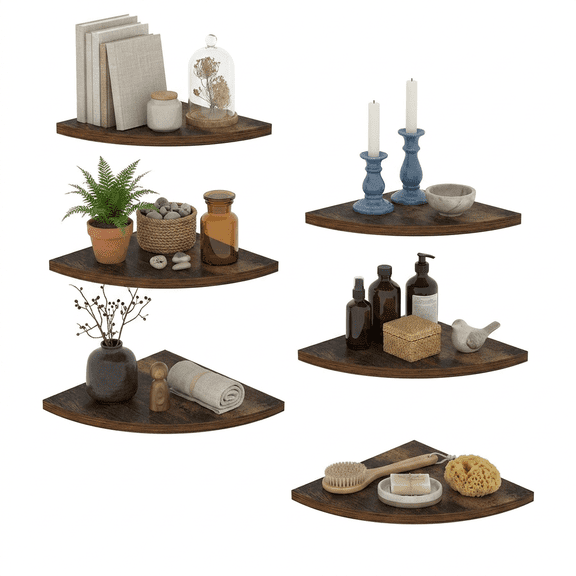 6 Tier Floating Corner Shelves for Wall, Wall Mount Decorative Shelf for Storage and Display, Brown