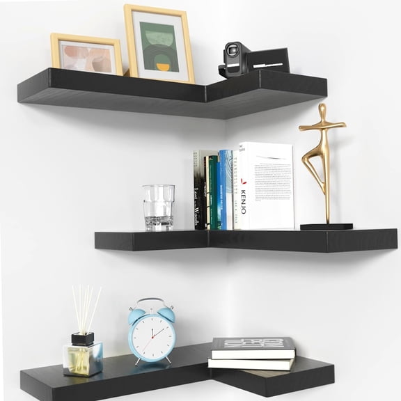 Floating Corner Shelves, Wall Mounted Invisible Brackets, 35 lbs Capacity, Set of 3 Black