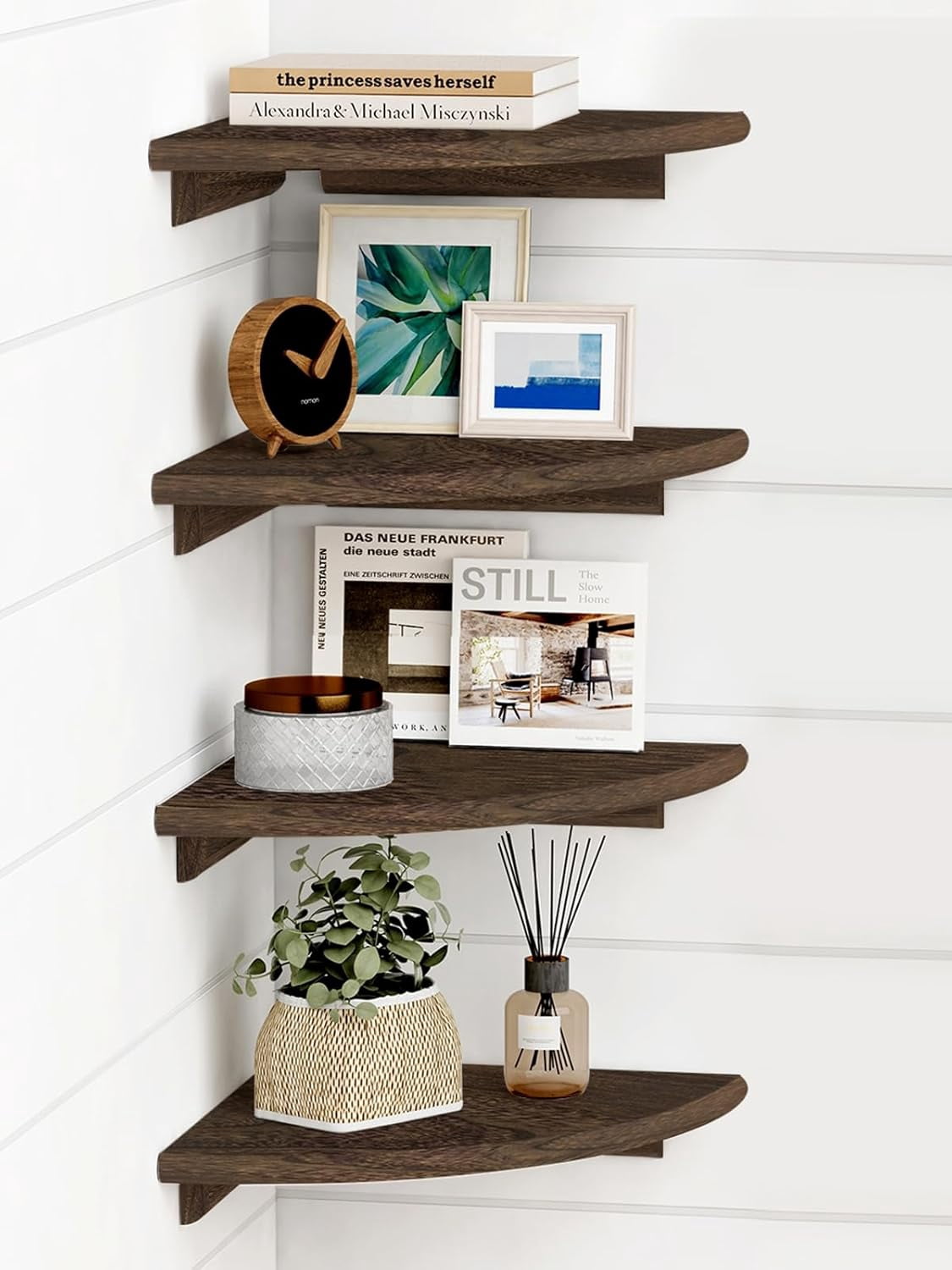 Floating Corner Shelves for Wall Set of 4, Small Corner Bookshelf for Bedroom Books, Round Wooden Corner Shelf Wall Mount for Bathroom Plants, Kitchen, Living Room Decor (Dark Brown)