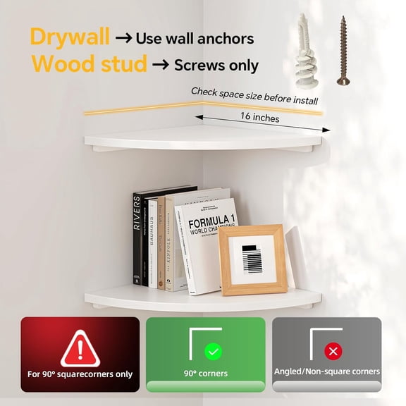 Floating Corner Shelves White 16", Solid Oak Wall Mounted Wooden Display Storage Rack with Wire Hole for Plants, Photos, Speakers, Bedroom, Kitchen, Living Room Décor - 2-Pack