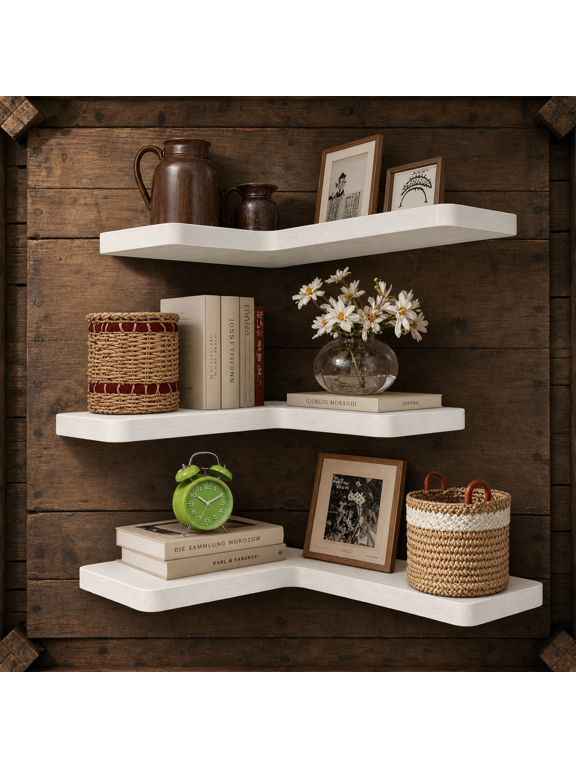Floating Corner Shelves White Solid Wood Set of 3