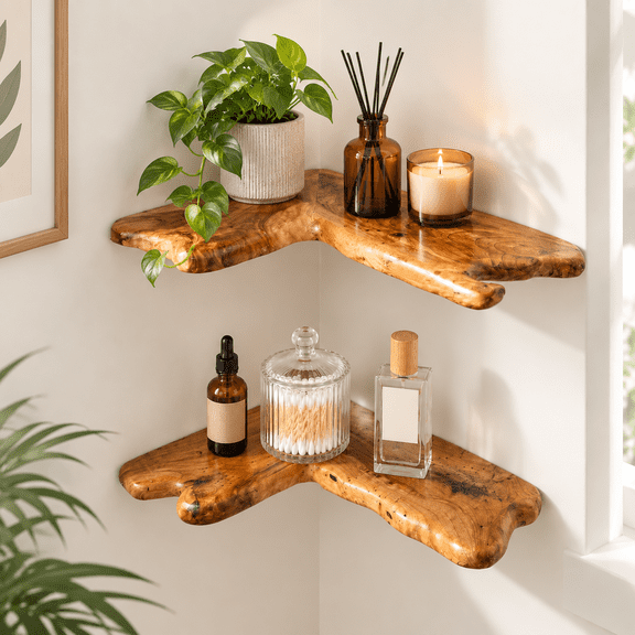 Floating Corner Wall Mounted Shelves Set of 2, Live Edge Cedar Root Wood Display Decor