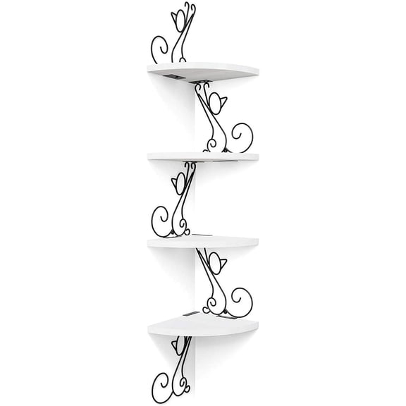 Floating Corner Wood Shelves, 4 Tier Wall Mounted Rustic Storage Shelf, Cat Shaped Shelving for Wall, Solid Wooden Decor for Living Room, Bedroom, Kitchen, Bathroom, Office White