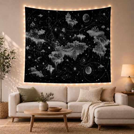 Floating Crystal Islands Among Moons and Galaxies, Dreamy Fantasy for Space Lovers, Astral Island Art, Housewarming Gift, Tapestry Wall Hanging for Bedroom and Studio