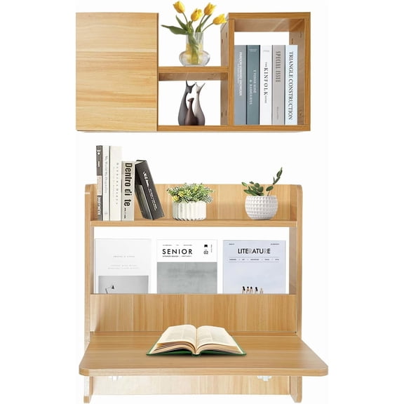 Floating Desk | Wall-Mount Computer Desk | Fold Down Laptop Desk | Writing Study Table | Folding Table Workstation | with Storage Shelves | 14.2in Wide Tabletop (Light Walnut Color)