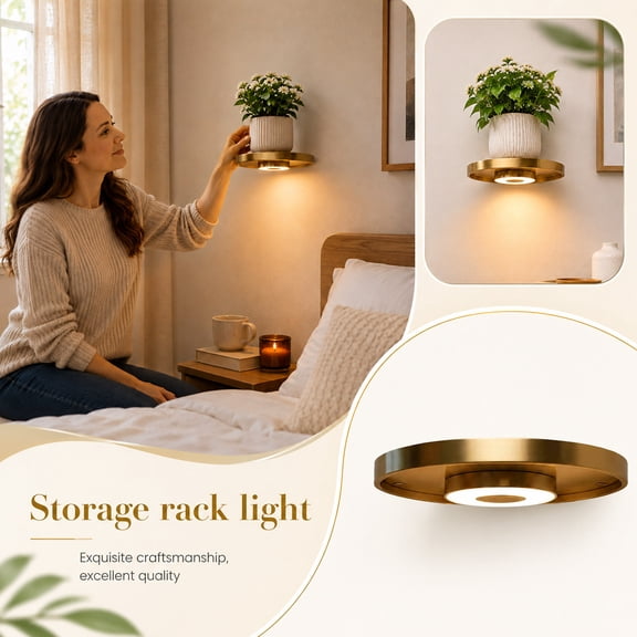 Floating Display Wall Shelf, 8 Inch Modern Wall Decor Light, Rgb Built-In Ambient Led Wall Sconce, Space Saving Hidden Mount Plant Show Shelf, Luxury Brass Metal Wall Mount Light