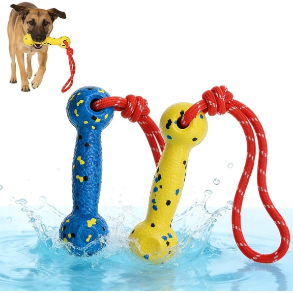 Floating Dog Pool Toys, Tough Interactive Water Fetch Bumpers with Durable Rope for Small Medium Large Dogs, 2 Pack Bright Dog Chew Toys Summer Outdoor Training Teething, Yellow&Blue