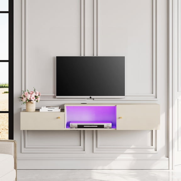 Floating Entertainment Center with Charging Station, Wall Mounted TV Stand with 16 Lights, Media Console Center with Storage, Modern Shelf Hanging Hutch Component Under TV,59''