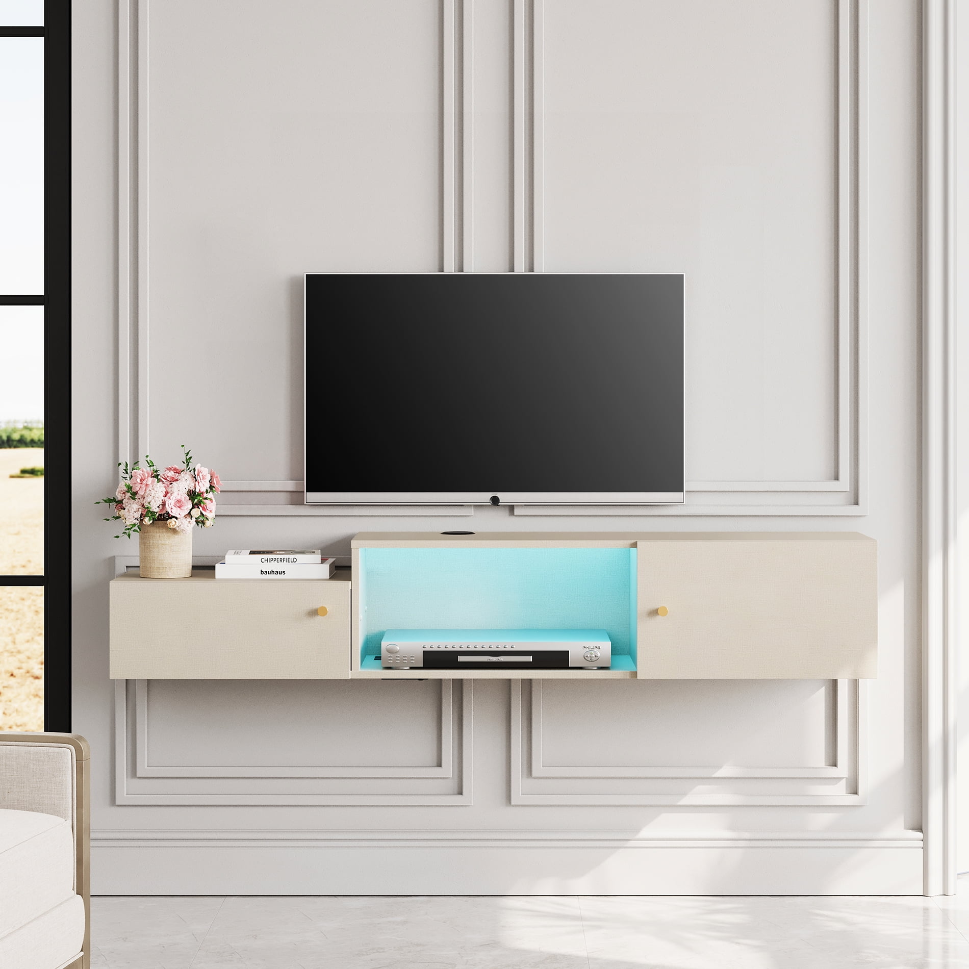 Floating Entertainment Center with Charging Station, Wall Mounted TV Stand with Colorful Light, Media Console Center with Storage, Modern Shelf Hanging Hutch Component Under TV,59''
