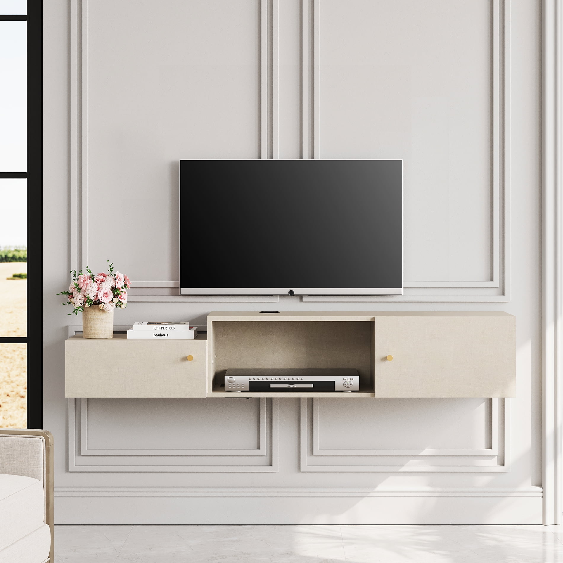 Floating Entertainment Center with Charging Station, Wall Mounted TV Stand, Media Console Center with Storage, Modern Shelf Hanging Hutch Component Under TV,59''