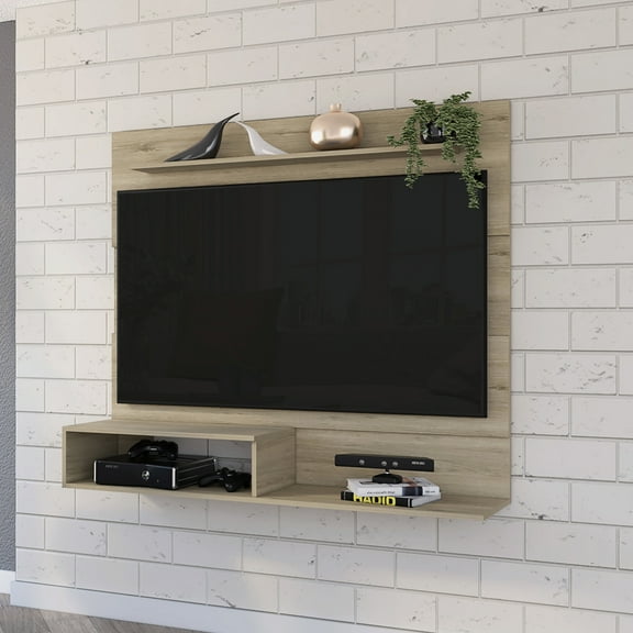 Floating Entertainment Center For 55" Tvs - Beige, Particle Board, With Two Shelf Areas Tv Equipment And Organization Industrial Style, Compartments