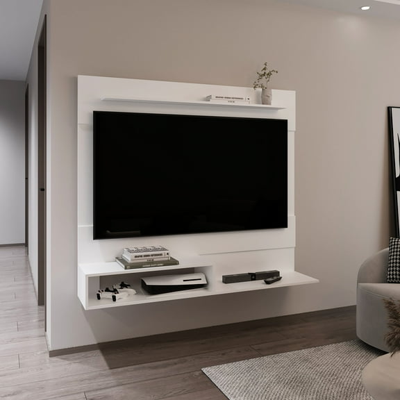 Floating Entertainment Center In White With One Superior Shelf And Two Shelves For 55" Tv Converters Stand Shelves, Fits Boxes
