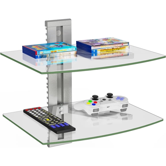 Floating Entertainment Center Shelves, Holds Up to 17.6lbs, TV Shelf with Strengthened Tempered Glasses for DVD Players, Cable Boxes, Games Consoles, TV Accessories (CS202S), 2 Shelf, Silver