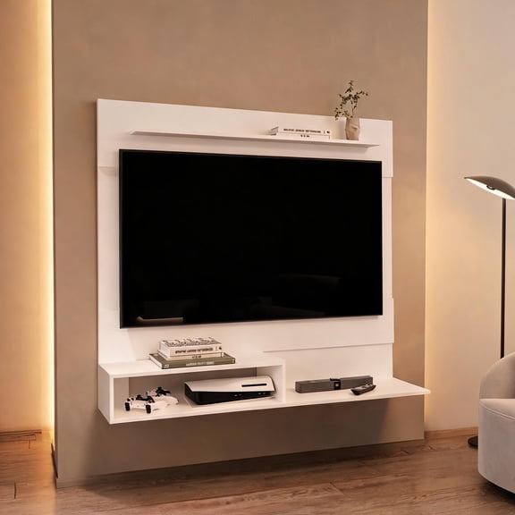 Floating Entertainment Center, White Finish, Foldable Wall-Mounted Design, Holds TVs up to 55 Inches, Modern Living Room Media Stand
