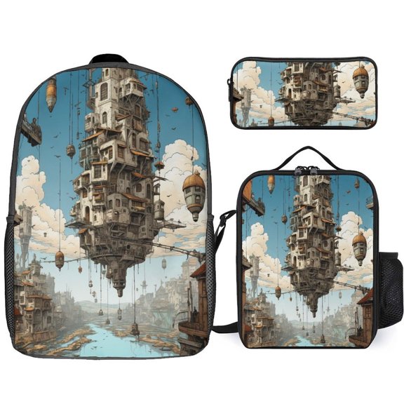 Floating Fantasy City Backpack Bookbag Students Bags S Rucksack Lunch Bag Pen Bag Three-Piece Set