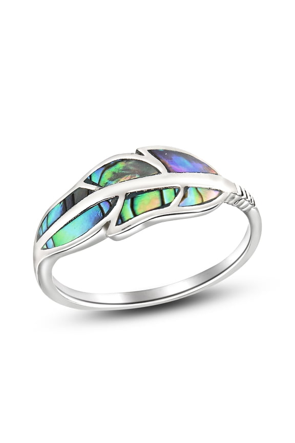 Floating Feather Abalone Shell Inlays Sterling Silver Ring-7