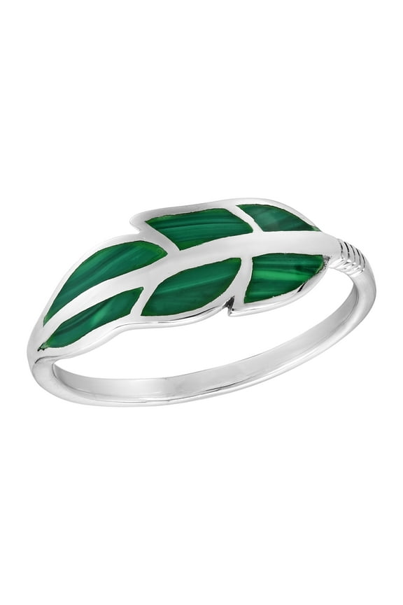 Floating Feather Green Malachite Inlays Sterling Silver Ring-6