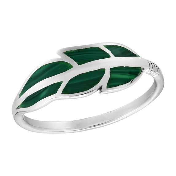 Floating Feather Green Malachite Inlays Sterling Silver Ring-7