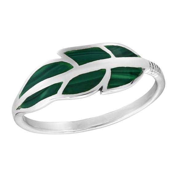 Floating Feather Green Malachite Inlays Sterling Silver Ring-9