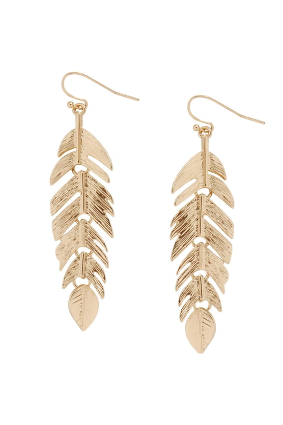 Floating Feathers Dangle Earrings - Long Hanging Metal Link Leaf Drops by Humble Chic NY, Gold-Tone