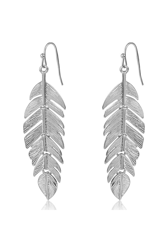 Floating Feathers Dangle Earrings - Silver Long Hanging Leaf Drops