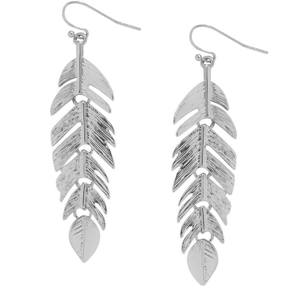 Floating Feathers Dangle Earrings - Long Hanging Metal Link Leaf Drops by Humble Chic NY, Silver-Tone