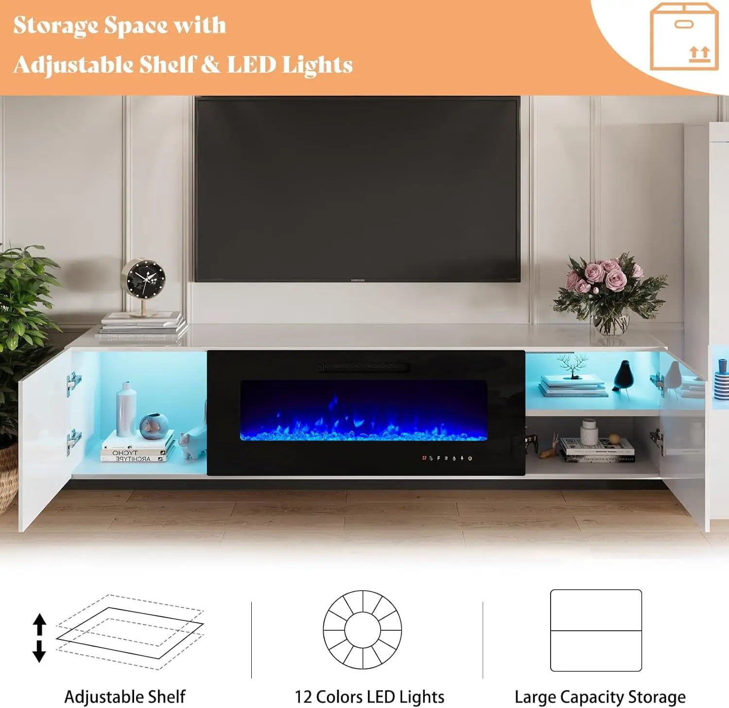 Floating Fireplace TV Stand, Wall Mounted Mirrored Entertainment Center with 40" Electric ...