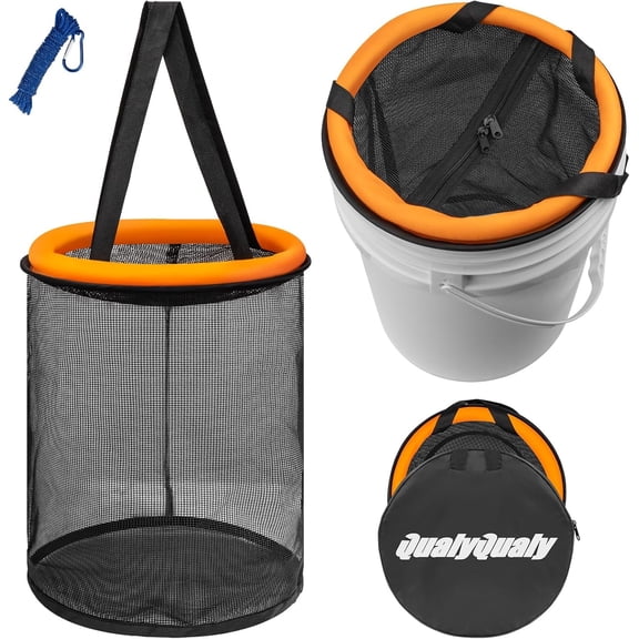 Floating Fish Basket for 5 Gallons Buckets, Foldable Fishing Basket Bait Net for Live Caught, Rubber Coated Mesh Fish Holder for Kayak Fishing Live Well Baitfish Minnow Bucket