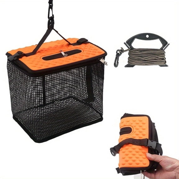 Floating Fish Basket for Live Caught, Foldable Fishing Holder Bucket Portable Collapsible Fishing Net Storage Cage for Live Fish Bait Live Well