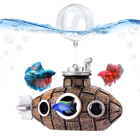 Floating Fish Tank Decoration Retro Mini Submarine with Two Float Balls Resin Aquarium Ornament for Betta, Cichlid, Goldfish, Shrimp, Hermit Crab Tanks Includes 92 ft Crystal Thread