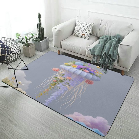 Floating Floral Jellyfish in Sky Carpet Rug for Home Living Room Bedroom Sofa Doormat Decor Area Rug Non-slip Mat